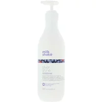 White milk_shake Silver Shine Conditioner 1000ml bottle with pump, purple label and berry design.