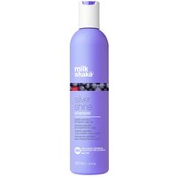 Purple bottle of milk_shake Silver Shine Shampoo 300ml with white cap and berry design.