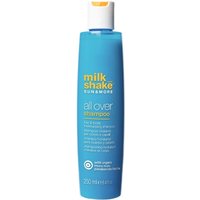 Blue bottle of milk_shake Sun & More All Over Shampoo 250ml with yellow cap and white text.