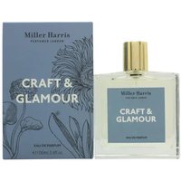 Miller Harris Craft & Glamour Eau de Parfum 100ml, square glass bottle with gold cap, blue floral box.