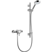 Chrome thermostatic shower with exposed valve, adjustable slide rail, and handheld showerhead by Mira Showers.