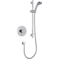 Mira thermostatic mixer shower with chrome finish, adjustable slide bar, round control dial, and handheld showerhead.