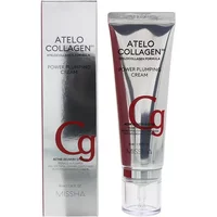 Silver tube of MISSHA Atelo Collagen Power Plumping Cream with red text, next to matching silver box.