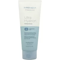 MISSHA Super Aqua Ultra Hyalron Foaming Cleanser, 200ml tube, white top, blue bottom, text in silver and blue.