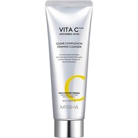 White tube of Missha Vita C Plus foaming cleanser with silver cap and yellow accents, 120 ml.