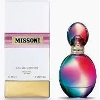 Colorful Missoni Eau De Parfum 50ml bottle with gradient design, next to white box with gold and pink accents.