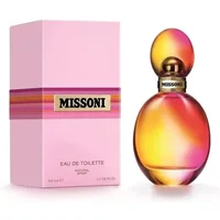 Missoni Eau De Toilette 50ml bottle with gradient pink to orange design, matching box with bold Missoni logo.