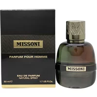 Missoni Pour Homme Eau De Parfum 50ml bottle, dark gradient glass with textured cap, next to black and gold box.