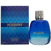 Blue Missoni Wave Eau De Toilette 100ml bottle with silver cap, next to matching zigzag patterned box.