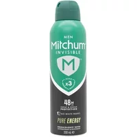Green and black Mitchum Invisible 48hr Pure Energy antiperspirant deodorant spray, 200ml with white text and logo.