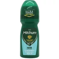 Green Mitchum Men 48HR Protection Roll-On Deodorant, 100ml, with a rounded cap and "Ultra Powerful" label.