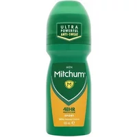 Green Mitchum Men Sport Deodorant Roll-On 100ml with yellow label and "Ultra Powerful Anti-Sweat" text.