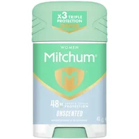 Mitchum Women Unscented Deodorant Stick 41g, green cap, white base, 48H protection label.