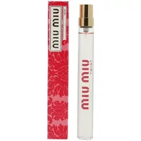 Clear glass bottle with gold cap, red Miu Miu Twist text, next to red floral-patterned box.