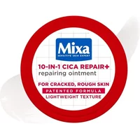 Red and white Mixa 10in1 Cica Repair Plus ointment, 150ml, for cracked skin, with bold text and circular design.