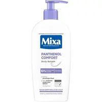 White Mixa Panthenol Comfort Body Balm 400ml with blue pump and label, featuring hydration claims.