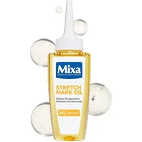 Mixa Stretch Mark Oil 100ml in a clear bottle with white nozzle and blue label, surrounded by oil droplets.