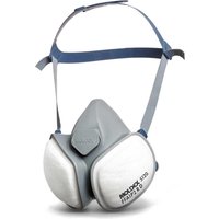 Gray Moldex A1P2 compact mask with dual white filters and adjustable blue straps.