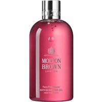 Pink Molton Brown bath and shower gel bottle with silver cap, labeled "Fiery Pink Pepper" and 300 ml capacity.