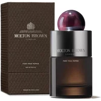 Molton Brown Fiery Pink Pepper Eau De Parfum 100ml, dark glass bottle with pink marbled cap, brown box.