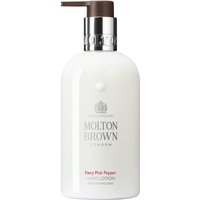 White Molton Brown Fiery Pink Pepper hand lotion bottle with silver logo and brown pump, 300 ml size.
