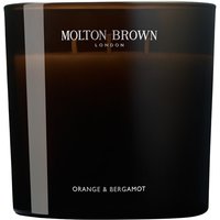 Black Molton Brown candle with "Orange & Bergamot" label, sleek glass container, 600 g size.