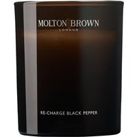 Black Molton Brown candle with "Re-Charge Black Pepper" label, sleek dark glass container, 190g size.