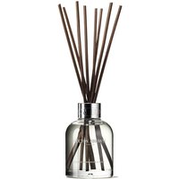 Clear glass Molton Brown diffuser with silver cap and dark reeds, labeled Rhubarb & Rose, 150 ml size.
