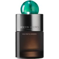 Black Molton Brown perfume bottle with green marble cap, labeled "Wild Mint & Lavandin Eau de Parfum 100 ml."