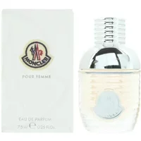 Moncler Pour Femme Eau De Parfum 7.5ml, clear ribbed bottle with silver cap, next to white box with Moncler logo.