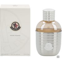 Moncler Pour Femme Eau de Parfum 60ml, ribbed silver bottle with round cap, next to white box with logo.