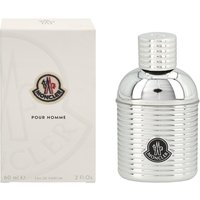 Silver ribbed Moncler Pour Homme Eau de Parfum Spray 60ml bottle with matching cap, next to branded box.