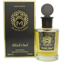 Monotheme Black Oud Eau De Parfum 100ml with gold-accented black label and round black cap, next to matching box.