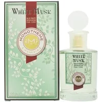 Monotheme White Musk Eau De Toilette 100ml, clear bottle with round cap, green box with floral design.