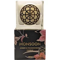 Monsoon Amber & Frankincense candle in clear glass jar with geometric design, on floral black box, 180g.