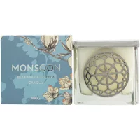 Monsoon Seaspray & Cotton scented candle 180g in a glass jar with decorative silver lid, blue floral box packaging.