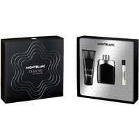 Mont Blanc Legend Gift Set with black EDT bottle, black shower gel tube, and small spray in sleek black packaging.