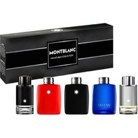 Mont Blanc Miniature Gift Set with five 4.5ml bottles in black, red, blue, and silver, in a sleek black box.