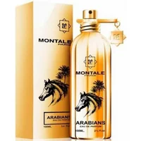 Gold Montale Arabians Eau De Parfum 100ml bottle with horse design, matching box with palm tree and horse graphics.