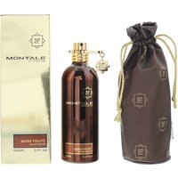 Brown Montale Boise Fruite Eau de Parfum 100ml bottle with gold cap, box, and brown drawstring pouch.