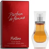 Montana Parfum De Femme Eau De Toilette 30ml, clear curvy bottle with amber liquid, red box packaging.