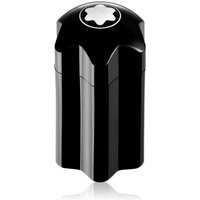 Black Montblanc Emblem Eau De Toilette bottle, star-shaped cap, white emblem on top, sleek and glossy finish.