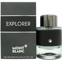 Montblanc Explorer Eau De Parfum 60ml, clear glass bottle with black band and silver cap, next to black box.