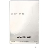 Silver Montblanc Individuel Eau de Toilette box with black text, 75ml, sleek and reflective packaging.