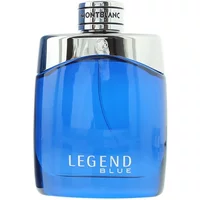 Blue Montblanc Legend Eau De Parfum bottle with silver cap and engraved logo, 100ml size.