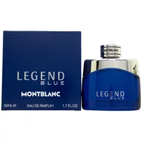Montblanc Legend Blue Eau De Parfum 50ml, blue bottle with silver cap, next to matching blue box.