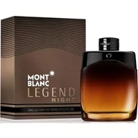 Montblanc Legend Night Eau De Parfum 100ml, amber gradient bottle with black cap, next to matching brown box.