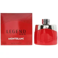 Red Montblanc Legend Eau De Parfum bottle with silver cap, next to matching red box with black text.