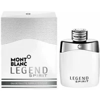 Montblanc Legend Spirit Eau De Toilette 100ml, white bottle with silver cap, next to matching white and silver box.
