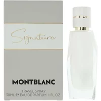 Montblanc Signature Eau De Parfum 30ml bottle, white with gold accents, next to matching box with gold lettering.